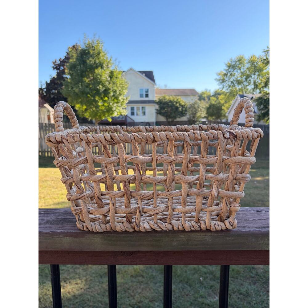 Small Water Hyacinth Open Checkered Weave Storage Basket Bin Woven Boho